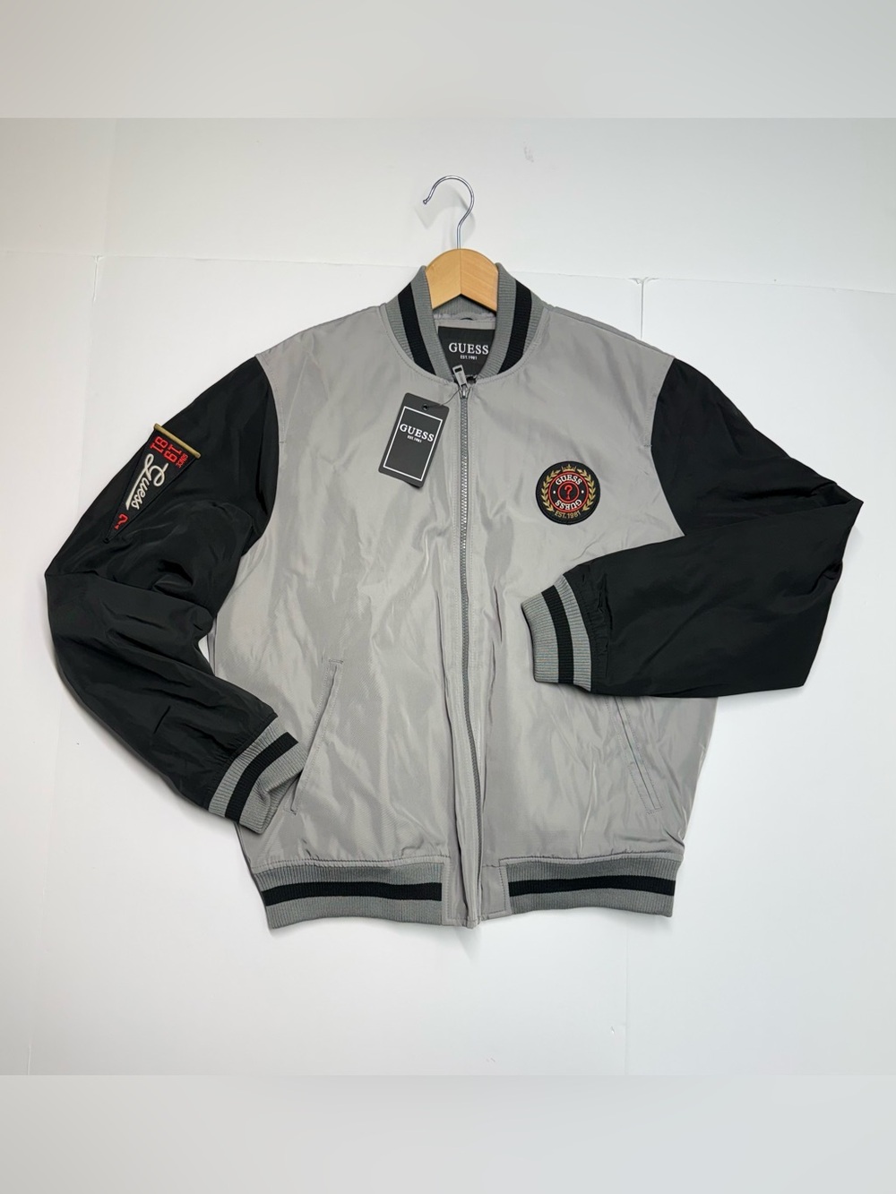 GUESS Jackson Varsity Bomber Jacket Gray/Black Full Zip Men’s Size Small NWT